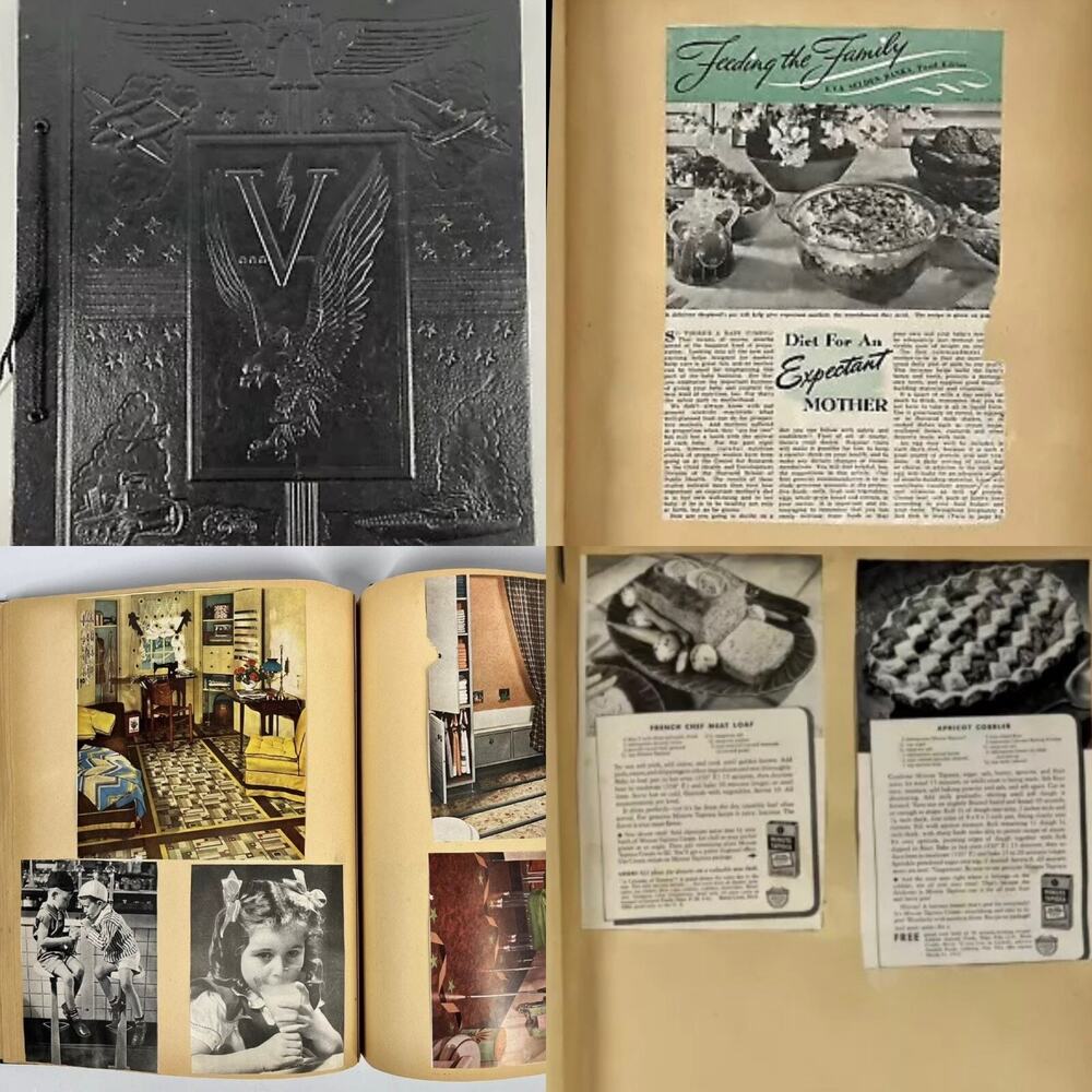 Vintage 40s Scrapbook Embossed Eagle Cover Magazine Recipe Clippings Pics